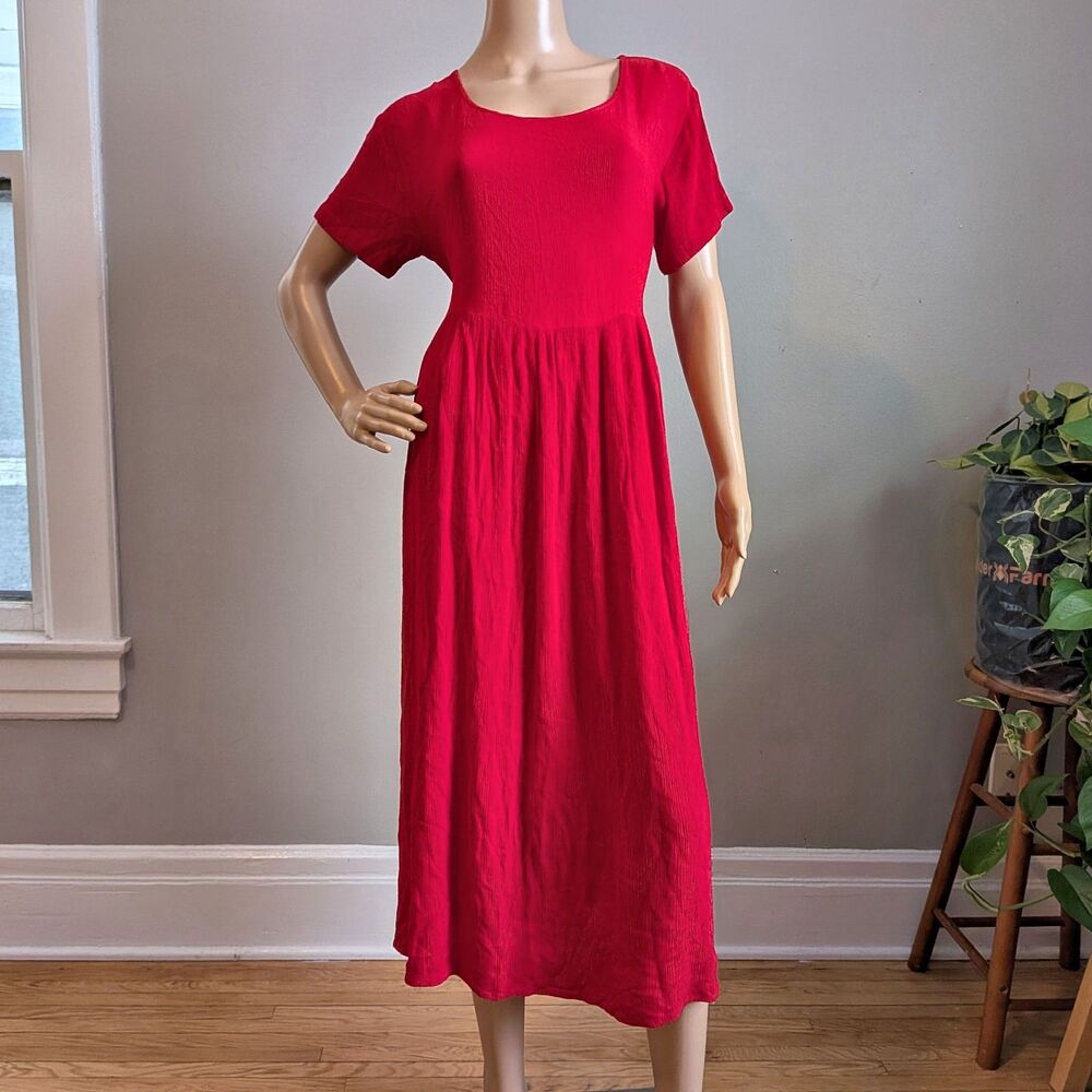 Vintage 90s MG Apparel Red Oversized Midi Dress Cottagecore Size M